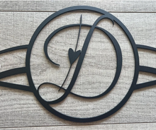 Load image into Gallery viewer, Metal Monogram Scroll Sign with Heart Accents | Custom Wall Decor | Laser Cut Steel Name Sign | Indoor Outdoor Wall Art